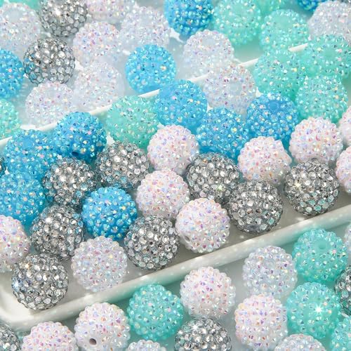 20mm Rhinestone Beads 20pcs Chunky Bubblegum Beads Beadable Pen Beads Shine Disco Ball Beads Jumbo Plastic Beads for Necklace Jewelry Bracelets DIY Crafts Making (bluewhite) - color: bluewhite