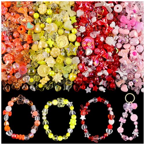 210-270PCS TINKRSTUFF Assorted Acrylic Beads For Bracelet Making, Cute Beads For Jewelry Making Flower Bow Butterfly Candy Gummy Bear Kawaii Aesthetic Bracelet Charms,DIY Necklace Keychain Phone Charm - color: 4 COLOR SERIES-RED+PINK+YELLOW+ORANGE