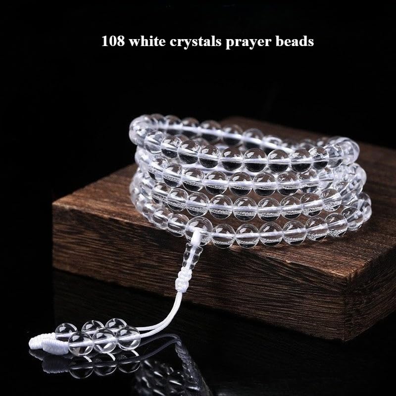 108 Clear Quartz Crystal Beads 8mm Mala Bracelet, Healing Stone Prayer Beads for Meditation Yoga Chakra Balancing - color: transparent