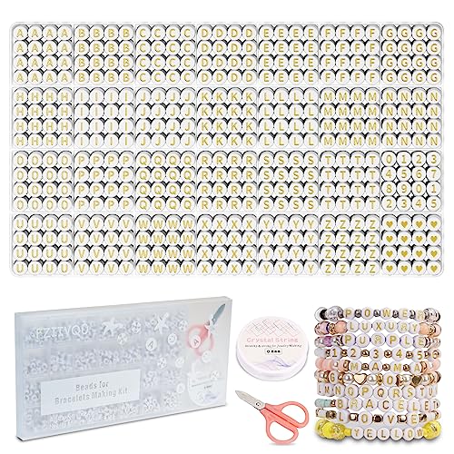 FZIIVQU 1400 Pcs Letter Beads Kit, 28 Styles White Acrylic Alphabet Letter Beads for Jewelry Making wiht Number Heart Bead Friendship Bracelet Kit - color: Golden Alphabet & White Base, size: 4*7mm