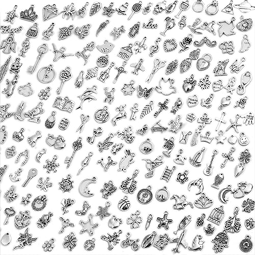 Acejoz 200Pcs Silver Charms for Jewelry Making and Bracelets, Wholesale Bulk Assorted Mixed Tibetan Earring Charms for DIY Necklace Bracelet Jewelry Making and Crafting - color: Silver
