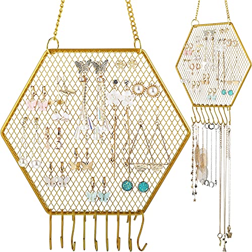 Jetec 2 Pcs Earring Wall Holder Wall Mounted Earring Organizer Hanging Jewelry Stand Decorative Diamond Grid Shape Display Rack with Hooks for Earrings Necklace Bracelet(Gold) - color: Gold