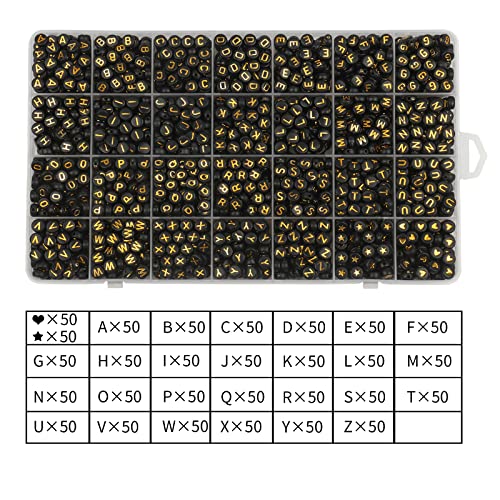 1400pcs Round Acrylic A-Z Alphabet Beads - Gold & Black Letter Beads for Bracelet Making, 28 Grid Box - color: Black, Gold