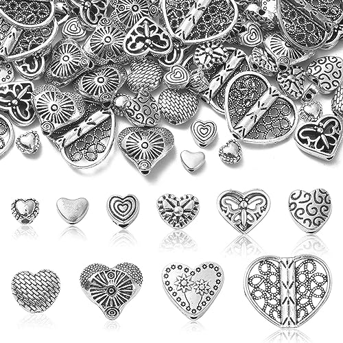 DanLingJewelry 100Pcs 10 Styles Tibetan Alloy Antique Sweet Love Heart Beads Heart Spacer Beads for Valentine's Day Jewelry Making - color: 100pcs - heart I - 10 styles
