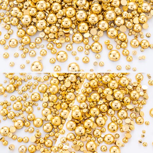 60g Gold Flatback Half Round Pearls Mixed Size 3-10mm Resin Craft Beads for Nail Art, Face Gems, DIY Jewelry Making - color: Gold, size: 60g