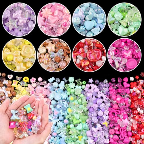 500-550PCS TINKRSTUFF Assorted Acrylic Beads, 8 Colors Series Cute Beads for Bracelet Making, Bow Aesthetic GummyBear Candy Butterfly Kawaii Charms for Jewelry Making DIY Necklace Keychain Phone Charm - color: 8 Color Series-Pink+Blue+Purple+Green+Red+Bro