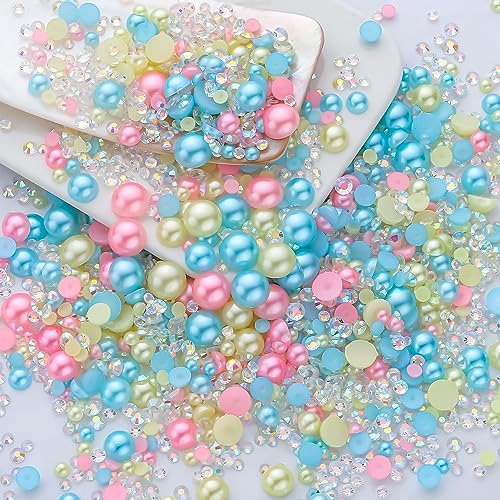 60g Cyan Citrine Pearl Rhinestones for Crafts Mixed Size 3mm-10mm AB Color Round Half Pearls Flatback Pearl Beads and Resin Rhinestones Set for Face Art with Gel - color: Cyan-Citrine Series, size: 60g