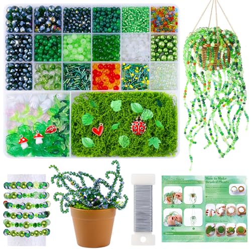 FOGWOWO 2628 Pcs Beaded Plant Kit Green Beads for Beaded Plants,Forever Plant Kit Green Glass Beads Plant Beads for Plants Making,Glass Leaf Bead for Jewelry Making DIY Crafts - color: Green C (No Pot & Foam)