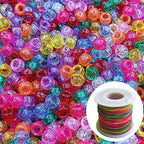 Looconi 1000pcs Glitter Pony Beads and Rainbow Elastic String Mixed Colors 6x9mm Acrylic Beads for Jewelry Making Bracelet Hair Braids Crafts - color: Glitter+Line