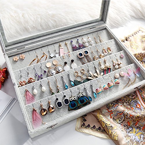 Wudygirl Velvet Jewelry Organizer Clear Lid Earring Holder Organizer 32 Pairs Earrings Storage Stud Tray Showcase Display Case（Earring Storage） - style: Earring Tray