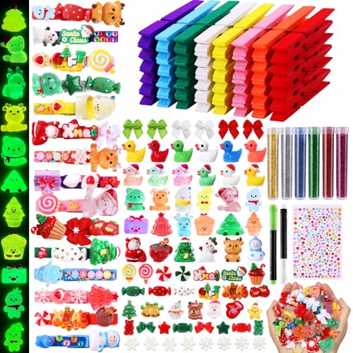 JOICEE 60 Set DIY Christmas Clothespins Kit,60 Colored Wooden Clothes Pins 111 Mini Resin Figures Bows and Stickers pens 200 Beads for Backpacks Christmas DIY Crafts Gifts Xmas Stockings Decor - color: Christmas
