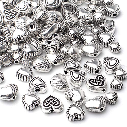 Aylifu 140pcs Antique Silver Heart Shape Spacers Alloy European Style Heart Beads Charms Spacer Bead Jewelry Heart Charms for DIY Bracelet Jewelry Making, 5 Sizes
