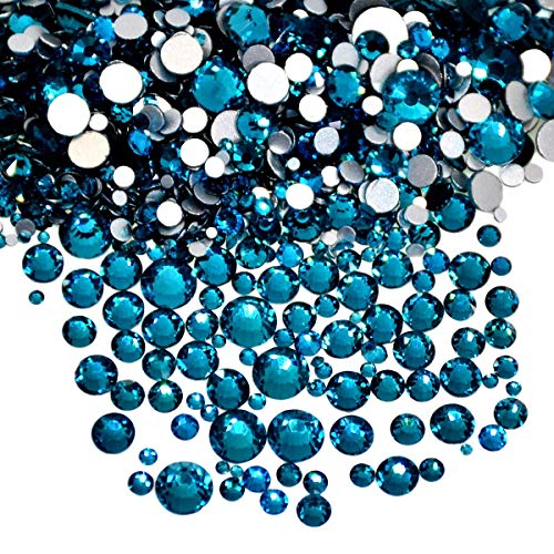 AD Beads 1440 Pieces Mixed Size No Hotfix Glue on Quality Glass Flatback Rhinestones Round Crystal Gems (08 Blue Zircon) - color: Blue Zircon 08