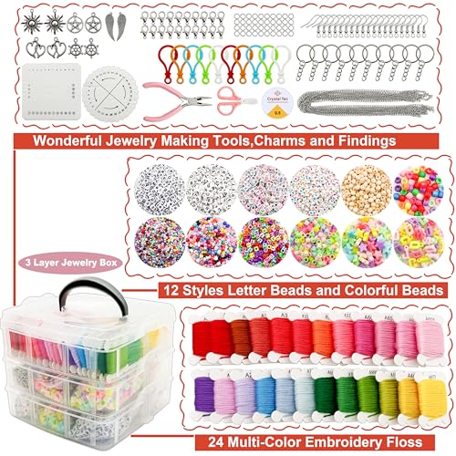 JINNBEY 4655 Pcs Jewelry Making Kits, DIY Bracelet Necklace Portable Three-Layer Spacer Box - Includes 24 Color Cotton Thread & Letter Bead & Tools, The Gift Set for Handicraft Enthusiasts
