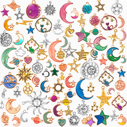 SANNIX 120Pcs Mixed Sun Star Moon Charms Jewelry Making Gold Enamel Charm Pendants for DIY Necklace Bracelet Making Supplies