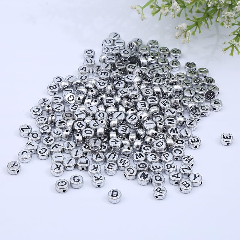 1000pcs Silvery Letter Beads for Bracelets, 4x7mm Black Alphabet A-Z Beads for Jewelry Making Friendship Bracelets (4 * 7 Silver) - color: 4x7mm silver