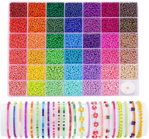 41 Colors Pony Beads, BetterJonny 3mm Glass Seed Beads with String Colorful Small Rainbow Bead with Storage Box for DIY Jewelry Bracelet Necklace Craft Making - color: Color A