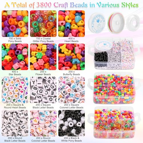 shynek 3800 Pony Beads: Bulk for Bracelets, Hair Braids & Craft - Colorful Plastic, Kandi, Star & Letter Beads for Jewelry Making - color: Pony Beads Kit