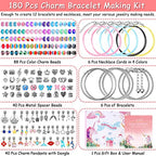 180 Pcs Charm Bracelet Making Kit for Girls, Unicorn Mermaid Crafts Gifts Set Charm Bracelets Kit DIY Arts & Crafts Making Supplies with Beads, Pendant, Bracelets, Necklace Cords Gift for Teens Girls