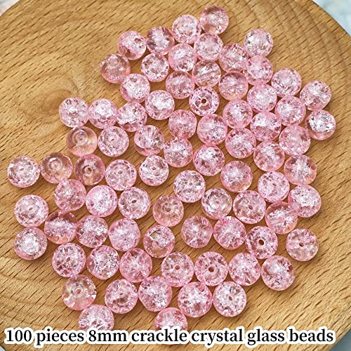 100pcs Crackle Glass Beads 8mm Round Crystal Glass Spacer Crafts Beads for Jewelry Making Necklace Bracelet Earrings DIY Crafts(Pink) - color: Pink, size: 8mm