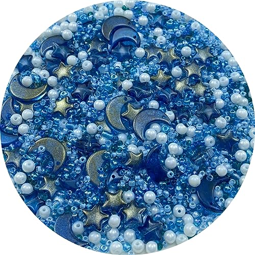 Assorted Glass Beads for Jewelry Making Multi Size Colors Glass Star Moon Seed Pearl Spacer Beads for Bracelets Necklace Earring Making(White Ink Blue) - color: White Ink Blue
