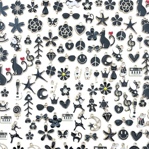 50/100 pcs Enamel Charms, Alloy Flowers Heart Sewing Butterfly Themed Charm Pendants for Jewelry Making, Assorted Gold Plated Dangle Charms for DIY Necklace Bracelet Earring Craft - color: Black - 100 pcs