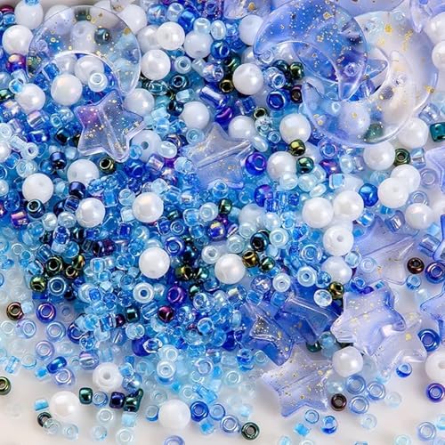 Mixed Star Moon Crystal Glass Beads Seedbeads Loose Round Pearl Beads for Jewelry Making Craft Bracelets Necklaces Earrings DIY Crafts Projects Blue Glass Spacer Bead Kits for Crafts - color: Blue