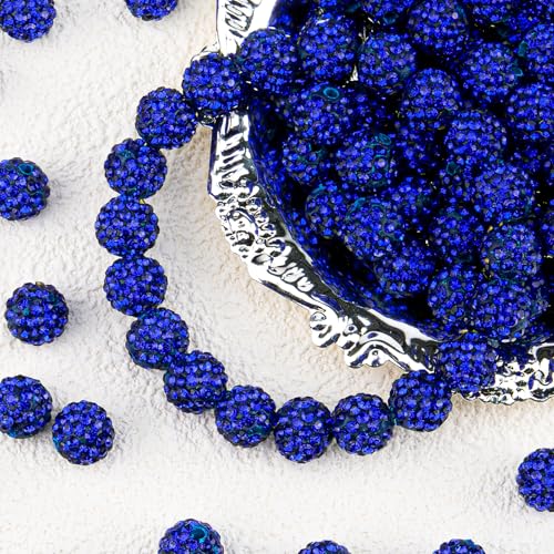 100Pcs 10mm Dark Blue Rhinestone Beads for Jewelry Making, Shiny Round Disco Ball Sparkly Crystal Clay Beads Bulk with 10-Grid Storage Box for DIY Baseball Necklaces Shamballa Bracelets - color: Deep Blue