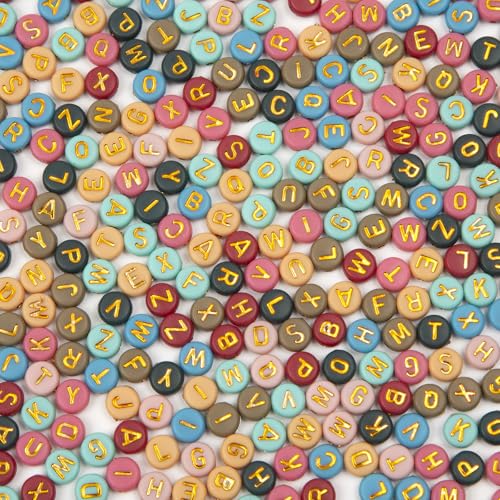 1000pcs 4x7mm Round Letter Beads Colorful Acrylic with Gold Letter Alphabet for Jewelry Making Friendship Bracelets (Gold) - color: gold
