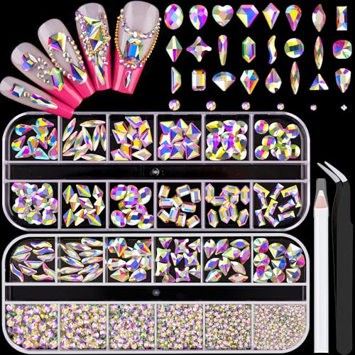1680Pcs AB Glass Nail Rhinestones 180Pcs Multi Shapes Flatback Nail Gems + 1500Pcs 1.5-4mm Round Crystal, Manicure Nail Charms Diamond Gemstones for Acrylic Nails Decoration - color: Crystal AB
