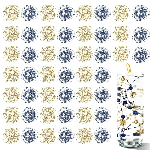 50 PCS Artificial Floating Beads for Centerpieces & Vase Fillers - Navy Blue&Gold 8+3mm String Beads, Faux Pearl Strings for Wedding, Party, Crafts, and Home Decoration - color: Navy Blue&gold, size: 8+3mm(50pcs)
