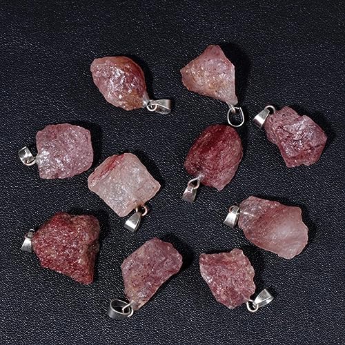 10pcs Irregular Raw Natural Strawberry Rock Stone Pendant Healing Crystal Chakra Gemstone Charm for Jewelry Making DIY Necklace Earrings Accessories Reiki - color: Strawberry