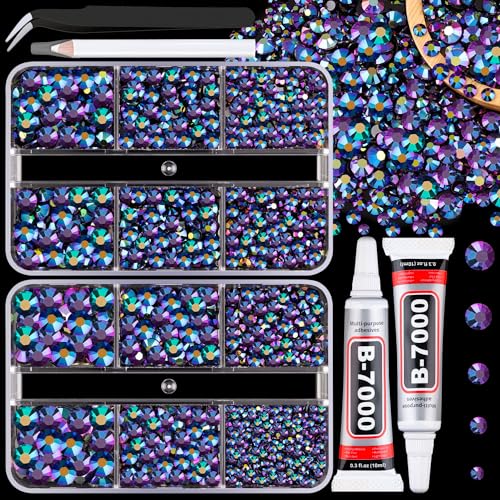 Resin Jelly Rhinestones for Crafting with B7000 Jewelry Glue, 2 Boxes Purplish Black AB Flatback Crystals with 2Pcs 10ml Glue, Bedazzling Non Hotfix Gems for DIY Tumblers Clothing Shoes Manicure - color: Purplish Black AB, size: 2 Mini Pack + Glue