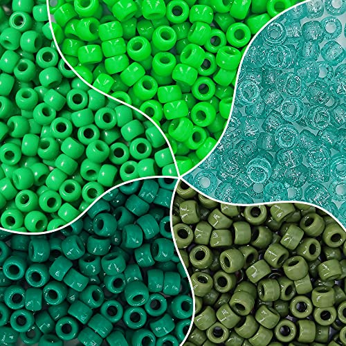 MIIIM 1000PCS 6x9mm Pony Beads Bulk, 5 Styles Green Pony Beads for Bracelets Making Kit, Kandi, Hair Braids Crafts for Jewelry Making (Green) - color: Green