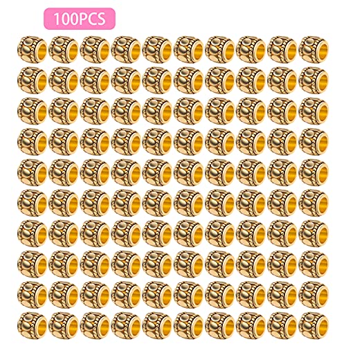 BronaGrand 100pcs Antique Gold Large Hole Spacer Beads Tibetan Alloy European Barrel Beads Loose Charms for DIY Necklace Bracelets Jewelry Making Accessories, 7 mm x 6 mm, Hole: 4 mm - color: Gold