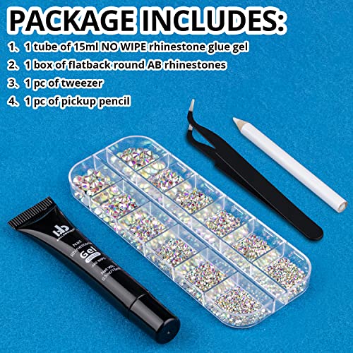 BELLEBOOST Nail Art Rhinestone Glue Gel&1 Box Flatback Gems Kit, 1 Tube of 15ml Rhinestone Gel Glue(UV/LED Needed)+Crystal AB Gems with Pickup Tools - color: A07-AB