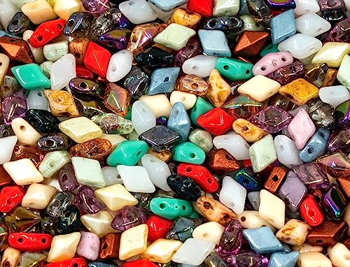160+ pcs DIAMONDUO glass two-hole beads rhombus gemduo, approx. 0.2 x 0.3 inches (5x8mm), 0.88oz = 25 g, Color Mix - color: DiamonDuo Mix