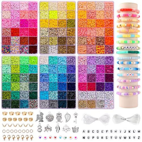 QUEFE 14000 PCS 136 Colors Clay Beads Bracelet Making Kit 6 Boxes Friendship Bracelet Kit Flat Polymer Clay Beads Spacer Heishi Beads for Jewelry Making with Pendant Charms Kit
