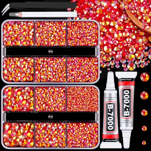 Resin Jelly Rhinestones for Crafting with B7000 Jewelry Glue, 2 Boxes Red AB Flatback Crystals with 2Pcs 10ml Glue, Bedazzling Non Hotfix Gems for DIY Tumblers Clothing Shoes Manicure - color: Red AB, size: 2 Mini Pack + Glue