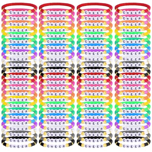 LUYI 32 Pcs Preppy Jewelry Bracelets for Women Clay Bead Colorful Surfer Heishi Bracelet Set Stackable Beaded Friendship Stretch Bracelets Boho Y2K Summer Beach Elastic Layering Bracelets - style: 96PCS-CheerBracelets