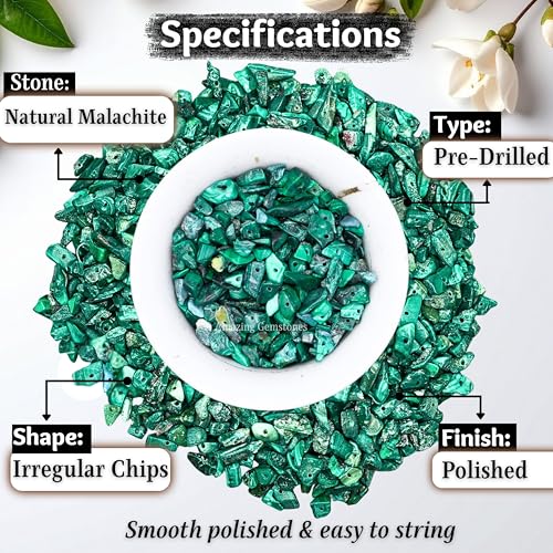 Malachite Pre Drilled Crystal Crushed Chips Beads for Bracelets Making, DIY Handmade Natural Healing Crystals (25 Inch Strand) - color: Malachite