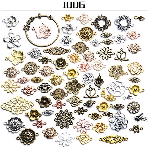 Jewelry Connectors Charms, 100 Gram Flower Tibetan Style Mixed Flower Shape Pendants Metal Beads Link Connector Charms for DIY Earring Necklace Jewelry Making