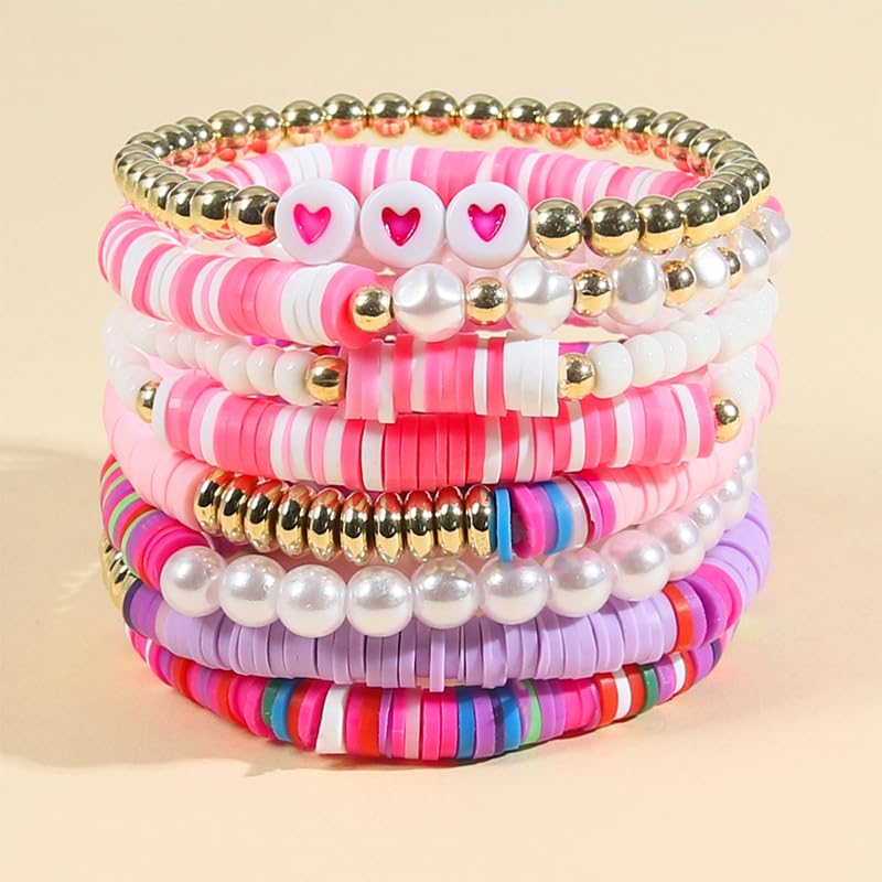 COLORFUL BLING 5-12Pcs Bohemian Love Heart Bead Bracelets for Women Vinyl Disc Heishi Surfer Stackable Stretch Bracelet Summer Beach Boho Jewelry - color: 8pcs purple pearl
