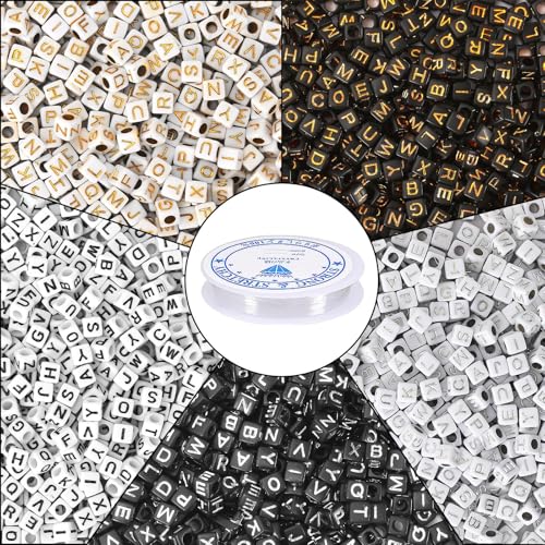 Augshy 1400Pcs 5 Colors Square Alphabet Beads A-Z Cube Acrylic Letters Beads for Bracelets Necklaces Phone Lanyard Making with 1 Roll Crystal String Cord for Jewelry Making(6mm) - color: Multicolor