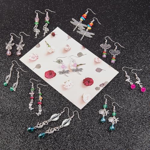 SUNNYCLUE 1 Box DIY 10 Pairs Starfish Mermaid Dragonfly Dangle Earring Making Kit Jewelry Making Supplies Beading Starter Kits for Beginner Adults Fish Hook Silver, Instruction - color: Ocean Earrings 1