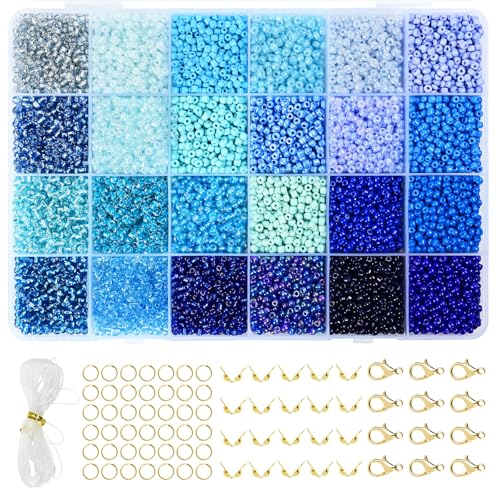 Vtssvow 3mm Glass Seed Beads for Bracelets Making, 24 Colors 10000pcs Friendship Bracelet Making Kit, Small Glass Beads for Jewelry Making (Mix 24 Color, Blue) - color: Mix Blue, size: 3mm