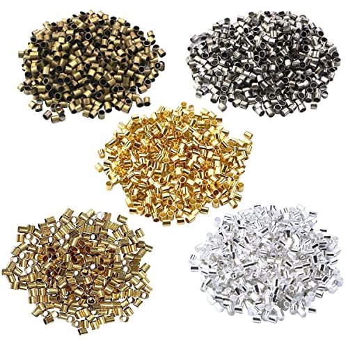 500 Pieces Crimp Tube Beads Plated Brass Tube Column Stoppers to Secure the Ends of Jewelry Strings, Crimping Tube Accessories for DIY Jewelry Making 2x2mm (Gold/Silver/Gun Black/Bronze/KC Gold) - color: Gold/Silver/Gun black/Bronze/KC gold