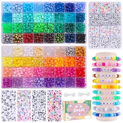 QUEFE Pony Beads for Bracelet Making Kit 64 Colors,2350pcs Rainbow Kandi Beads Friendship Bracelet Kit, Letter Beads and Elastic Strings for Bracelet Necklace Making, Craft Gifts Set for Girls - color: 64 colors