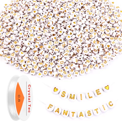 DECYOOL Letter Beads, 1900Pcs 4×7mm White Gold Acrylic Alphabet Beads with 1 Roll Elastic String for Bracelet Necklace Jewelry Making Supplies - color: White