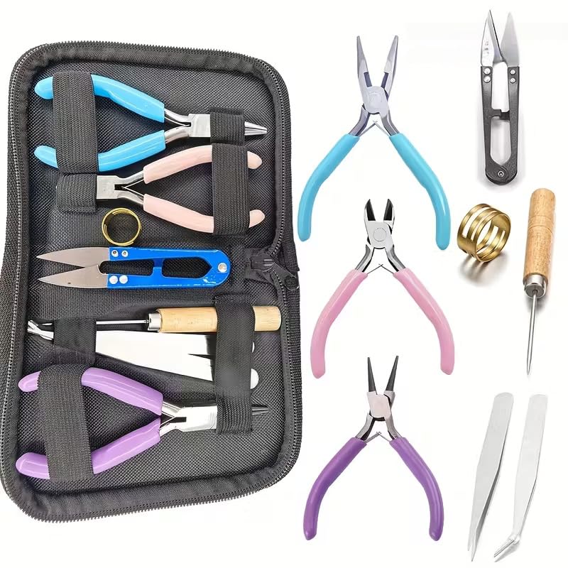 Jewelry Making Tool Set, 8-Piece with 3-Color Handles, Round Nose and Non-Serrated Pliers, Case for Beading and Wire Wrapping, Pink - color: Pink